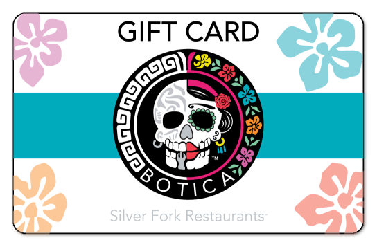 Botica logo centered over white floral background, "gift card" in black text over logo